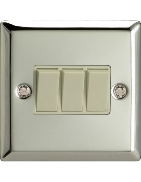 10A 3 Gang 2 Way Switch Mirror Chrome with White Inserts