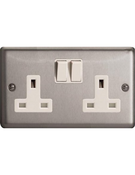 13A 2 Gang Switched Socket Matt Chrome with White Inserts