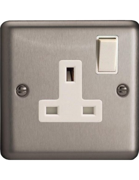 13A 1 Gang Switched Socket Matt Chrome with White Inserts
