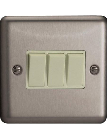 10A 3 Gang 2 Way Switch Matt Chrome with White Inserts