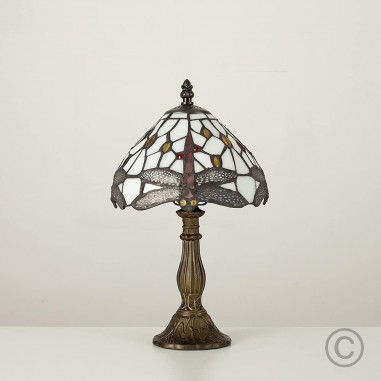 Tiffany Style Antique Brass Effect Base Design Table Lamp with a Jewelled Dragonfly Design Stained Glass Shade