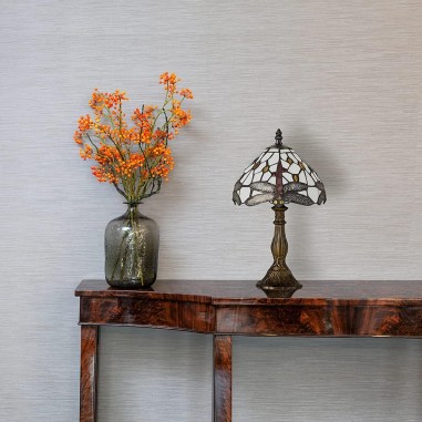 Tiffany Style Antique Brass Effect Base Design Table Lamp with a Jewelled Dragonfly Design Stained Glass Shade