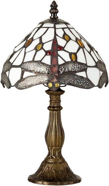 Tiffany Style Antique Brass Effect Base Design Table Lamp with a Jewelled Dragonfly Design Stained Glass Shade