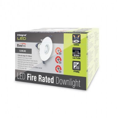EvoFire Fire Rated GU10 Fixed Downlight 70-100mm Cutout IP65 rated White Round Slim Integral LED