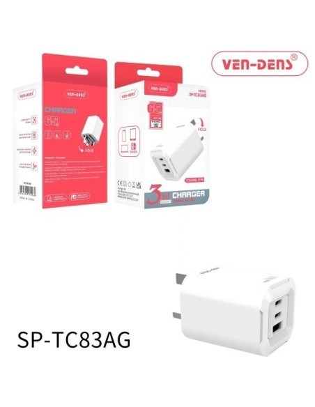 65W Fast Plug Charger 3 in1 - Dual USB C + USB A