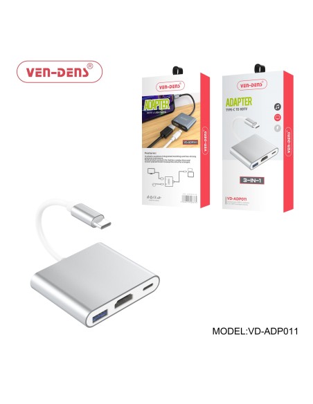 3 in 1 USB C Plug to USB C + USB A + HDMI Socket Adaptor