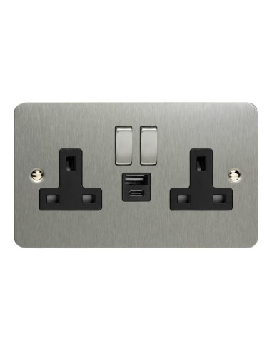 2-Gang 13A Single Pole Switched Socket with 20W Shared USB A & C Charging Ports