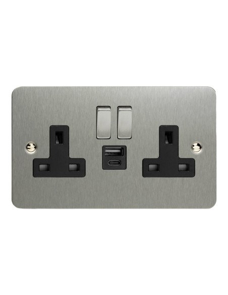 2-Gang 13A Single Pole Switched Socket with 20W Shared USB A & C Charging Ports