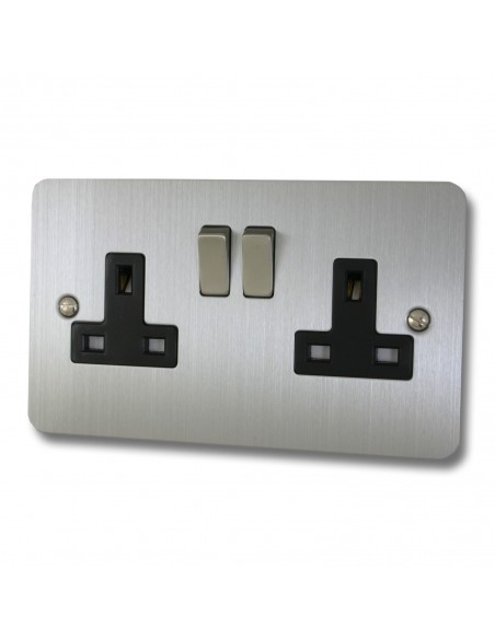 13A 2 Gang Switched Socket Brushed Chrome with Black Inserts